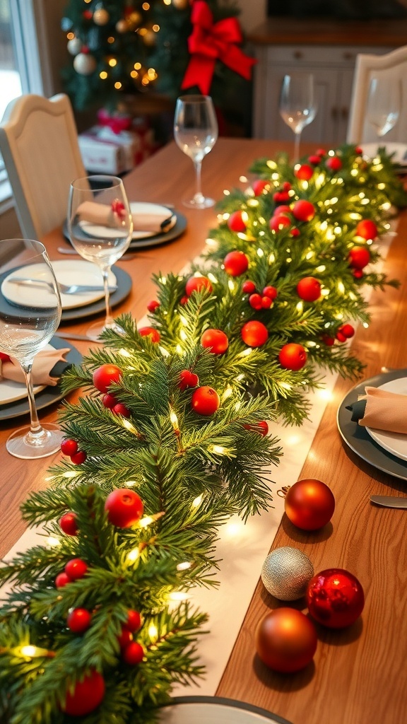 A festive Christmas table with a pine garland, red berries, and fairy lights, set for a holiday dinner.